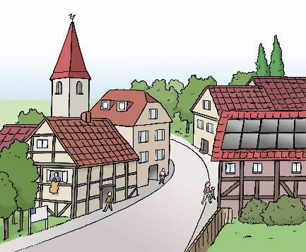 Leichte Sprache -Dorf mit Kirche und Fachwerkhäuser, © Lebenshilfe für Menschen mit geistiger Behinderung Bremen e.V.; Illustrator: Stefan Albers, Atelier Fleetinsel, 2013Lebenshilfe für Menschen mit geistiger Behinderung Bremen e.V.; Illustrator: Stefan Albers, Atelier Fleetinsel, 2013