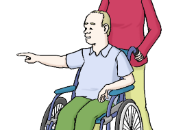 Leichte Sprache - Rollstuhlfahrer mit Begleitung © Lebenshilfe für Menschen mit geistiger Behinderung Bremen e.V.; Illustrator: Stefan Albers, Atelier Fleetinsel, 2013