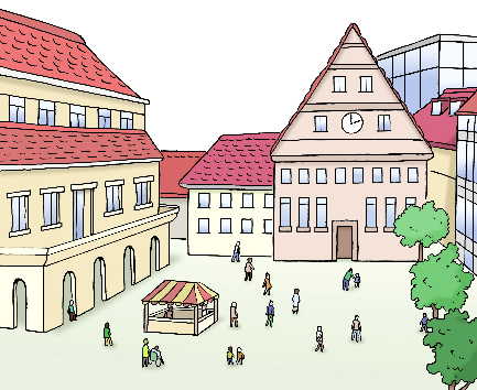 Leichte Sprache - Stadtzentrum, © Lebenshilfe für Menschen mit geistiger Behinderung Bremen e.V.; Illustrator: Stefan Albers, Atelier Fleetinsel, 2013