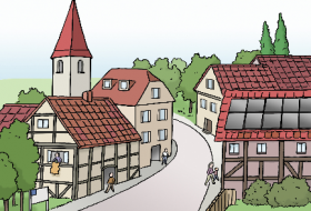 Leichte Sprache -Dorf mit Kirche und Fachwerkhäuser © Lebenshilfe für Menschen mit geistiger Behinderung Bremen e.V.; Illustrator: Stefan Albers, Atelier Fleetinsel, 2013Lebenshilfe für Menschen mit geistiger Behinderung Bremen e.V.; Illustrator: Stefan Albers, Atelier Fleetinsel, 2013
