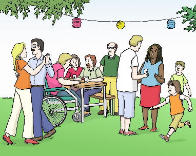 Leichte Sprache - Gartenparty, © Lebenshilfe für Menschen mit geistiger Behinderung Bremen e.V.; Illustrator: Stefan Albers, Atelier Fleetinsel, 2013