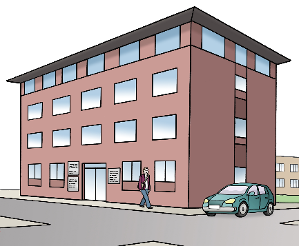 Leichte Sprache - Gebäude, © Lebenshilfe für Menschen mit geistiger Behinderung Bremen e.V.; Illustrator: Stefan Albers, Atelier Fleetinsel, 2013