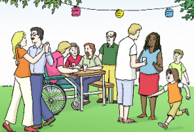 Leichte Sprache - Gartenparty © Lebenshilfe für Menschen mit geistiger Behinderung Bremen e.V.; Illustrator: Stefan Albers, Atelier Fleetinsel, 2013