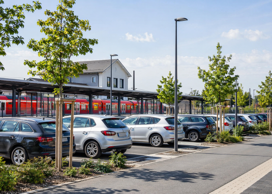 Parkplatz an einem Bahnhof KI Bild