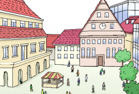 Leichte Sprache - Stadtzentrum © Lebenshilfe für Menschen mit geistiger Behinderung Bremen e.V.; Illustrator: Stefan Albers, Atelier Fleetinsel, 2013