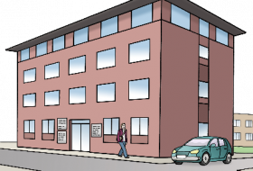 Leichte Sprache - Gebäude © Lebenshilfe für Menschen mit geistiger Behinderung Bremen e.V.; Illustrator: Stefan Albers, Atelier Fleetinsel, 2013