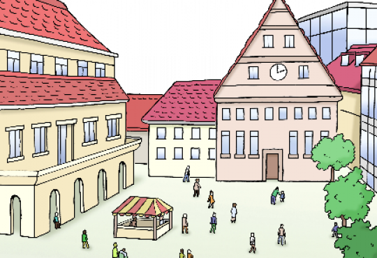 Leichte Sprache - Stadtzentrum, &copy; Lebenshilfe f&uuml;r Menschen mit geistiger Behinderung Bremen e.V.; Illustrator: Stefan Albers, Atelier Fleetinsel, 2013